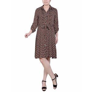 NY Collection Petite Long Roll Tab Sleeve Dobby Dress Size PXL Black Red